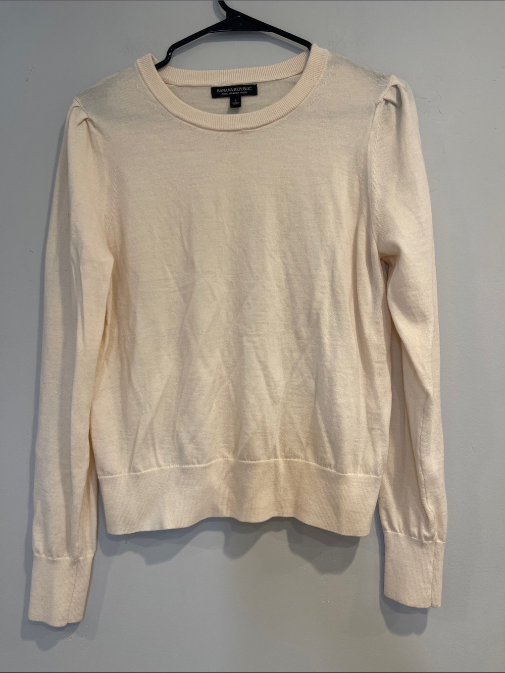 Banana Republic 100% Merino Wool Cream, Puff Sleeve Crewneck Sweater Size Large